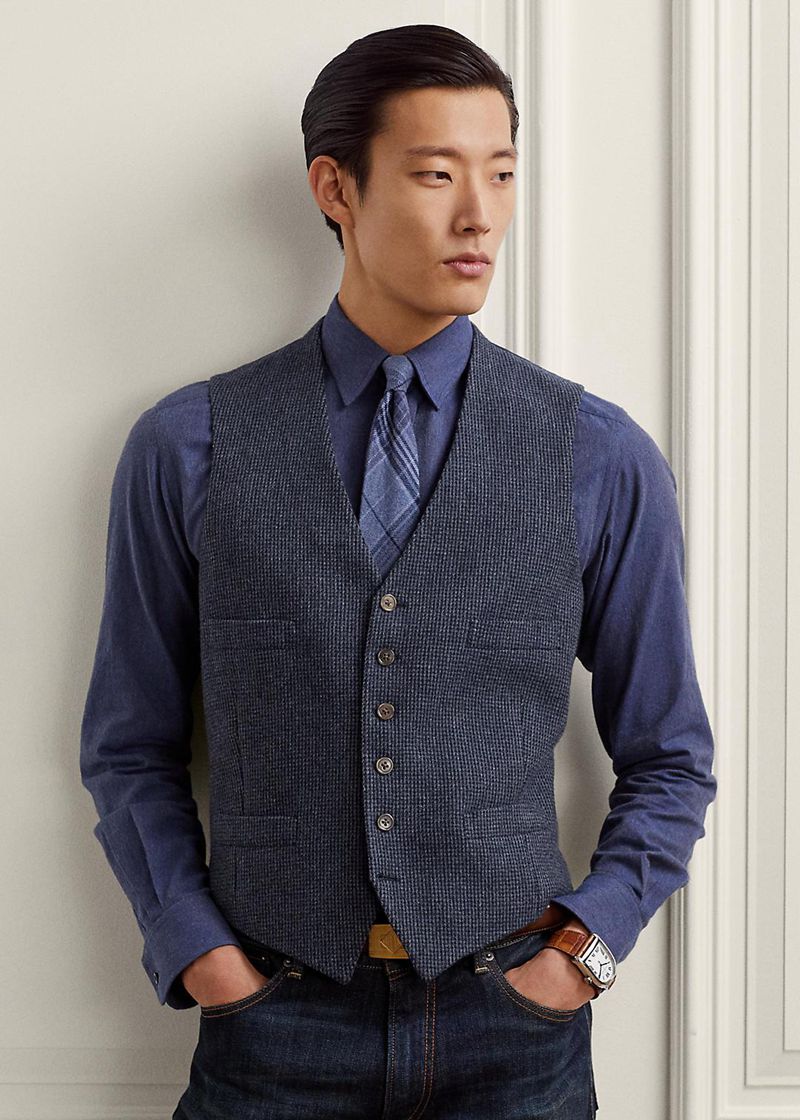 パープル レーベル ブレザー メンズ 青 Handmade Tick-weave Waistコート FHDXR4627